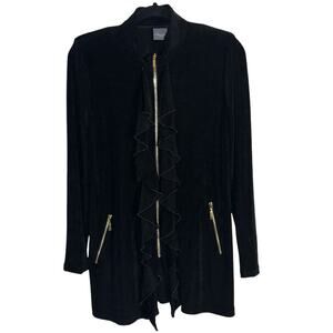 Travelers by Chico’s Long Length Ruffled Full Zip Black Jacket | XS